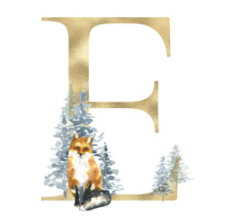 Christmas alphabet illustration, watercolor gold letter E, woodland winter forest animal,deer, stag, fawn, coniferous woods,fox, hare,rabbit. Floral animal alphabet for holiday greeting cards, invite