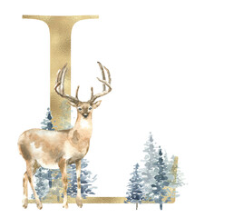 Christmas alphabet illustration, watercolor gold letter L, woodland winter forest animal,deer, stag, fawn, coniferous woods,fox, hare,rabbit. Floral animal alphabet for holiday greeting cards, invite