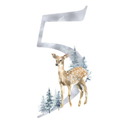  Christmas Number illustration, watercolor silver digit 5, woodland winter forest animal,deer, stag, fawn, coniferous woods,fox, hare,rabbit. Floral animal alphabet for holiday greeting card, invite  