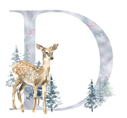 Christmas alphabet illustration, watercolor silver letter D, woodland winter forest animal,deer, stag, fawn, coniferous woods,fox, hare,rabbit. Floral animal alphabet for holiday greeting card, invite