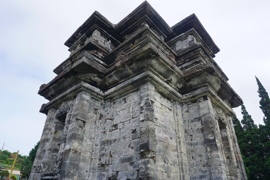 Gatotkaca temple of Dieng wonosobo Indonesia. Temple structure details from stone. Travel destinations in the Dieng. 
