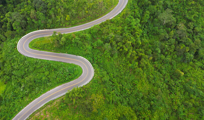 aerial view of a curved road