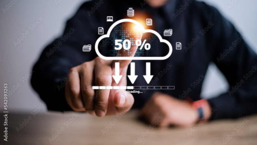 Poster cloud storage technology concept. businessmen use laptops to synchronize documents or data to online