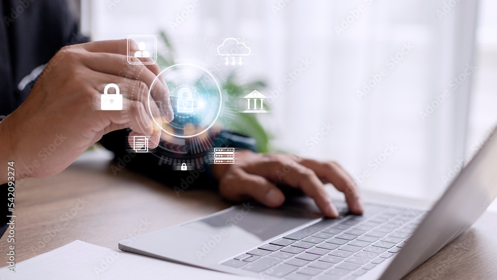 Poster cyber protection data security internet privacy internet technology concept on virtual screen.