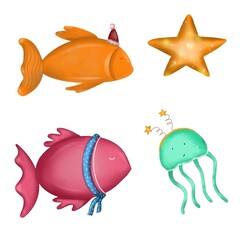Fish in a New Year's cap and scarf, sea creatures, blue jellyfish and yellow star, big red fish 