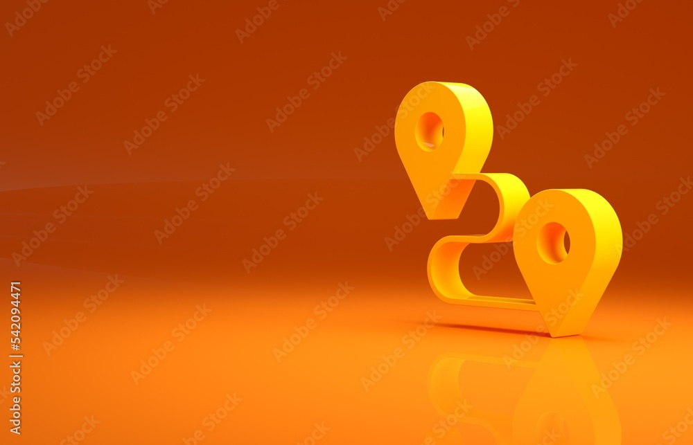 Poster yellow route location icon isolated on orange background. map pointer sign. concept of path or road.
