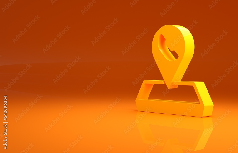 Poster yellow map pointer with telephone or communication icon isolated on orange background. call center l