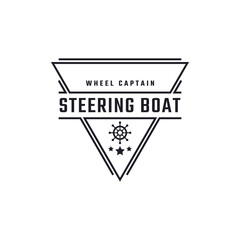 Vintage Retro Badge Emblem Steering Wheel Captain Boat Ship Yacht Compass Transport Logo Design Linear Style