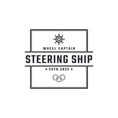 Naklejka na ściany i meble Vintage Retro Badge Emblem Steering Wheel Captain Boat Ship Yacht Compass Transport Logo Design Linear Style