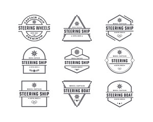 Vintage Retro Badge Emblem Steering Wheel Captain Boat Ship Yacht Compass Transport Logo Design Linear Style