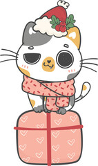 cute Christmas cat  with gift present box cartoon doodle hand drawing