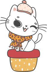 cute Christmas cat  with gift present box cartoon doodle hand drawing