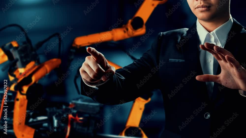 Poster engineer use cybernated robotic software to control industry robot arm in factory . automation manuf