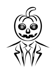 Vector line art of man with pumpkin head in suit.