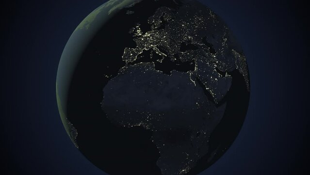 Seamless looping animation of the earth at night zooming in to the 3d map of Syria with the capital and the biggest cites in 4K resolution