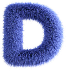 Blue 3D Fluffy Letter D. 3d render illustration isolated on transparent background
