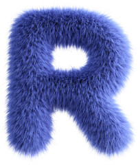 Blue 3D Fluffy Letter R. 3d render illustration isolated on transparent background