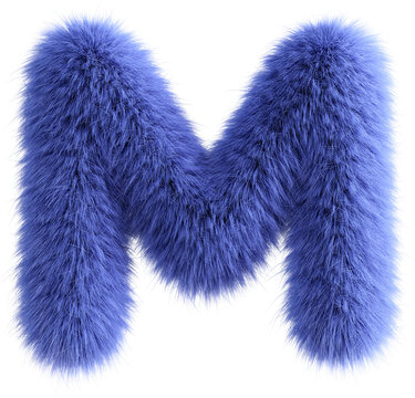 Blue 3D Fluffy Letter M. 3d render illustration isolated on transparent background