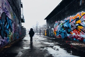 3D rendered computer-generated image of an  alleyway in the winter season. Fully CGI, including all graffiti murals - 100% original and cleared for commercial use urban setting