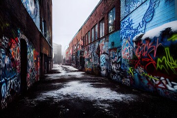 3D rendered computer-generated image of an empty alleyway in the winter season. Fully CGI, including all graffiti murals - 100% original and cleared for commercial use urban setting