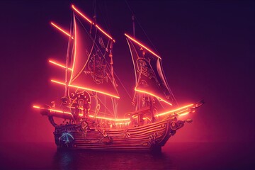 3D rendered computer generated image of a neon cyberpunk pirate ship. Neon colors for a futuristic modern take on traditional classic pirate ships flying without the Jolly Roger covert
