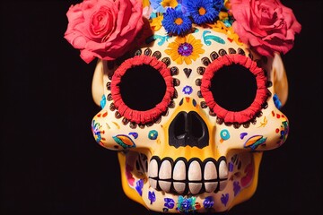 3D rendered computer generated image of a colorful calavera (sugar skull). Traditional Mexican decoration for dia de los muertos with a modern digital art look. Photorealism made by computer.