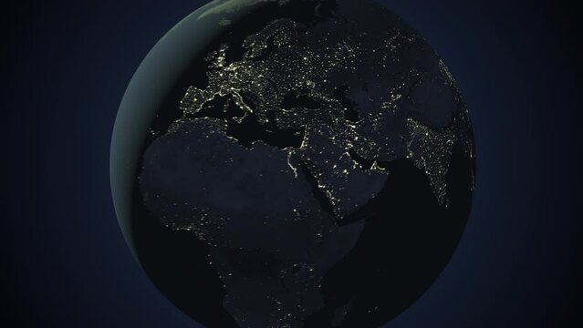 Seamless looping animation of the earth at night zooming in to the 3d map of Tajikistan with the capital and the biggest cites in 4K resolution