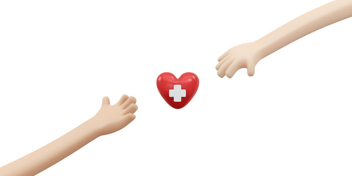 3D Rendering of hand and heart concept of blood and organ donation. 3D render illustration cartoon style.