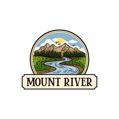 hand drawn mountain river emblem logo