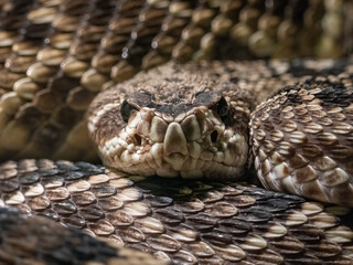 close up of a coiled adult Eastern diamond-back rattlesnake - obrazy, fototapety, plakaty