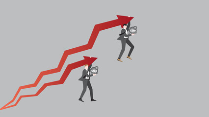 Businessmen hang rise red arrow with CO2e gas. Concept of business taking profit from carbon dioxide net zero emission, carbon footprint, greenhouse gas, economic competition, competitor and growth.