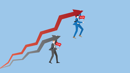 Obraz premium Business people hang a rising arrow with a red success flag. Concepts of competition, against competitors, opportunity, investment, market prediction, profit, growth, wealth, vision, and mission.