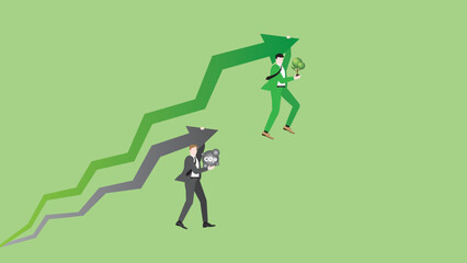Businessmen hang rising arrow with tree planting and CO2e gas. Concept of ESG economic competition. Advantage leader of green business policy against competitor with carbon dioxide net zero emission.
