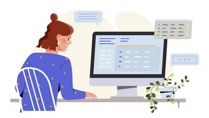 Working with big data video concept. Young moving woman programmer setting software and analyzes digital information on computer. System administration and coding. Flat graphic animated cartoon - Powered by Adobe