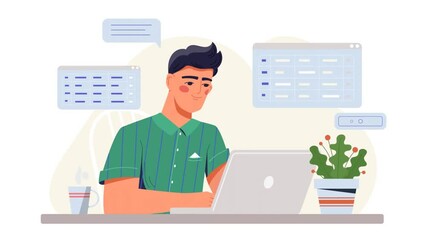 Working with big data video concept. Moving male developer or coder administers software and analyzes digital information on laptop. Programming and engineering. Flat graphic animated cartoon - Powered by Adobe