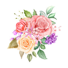 Beautiful hand drawing rose flowers and green leaves floral bouquet