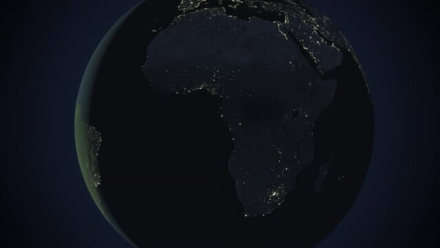 Seamless looping animation of the earth at night zooming in to the 3d map of Tanzania with the capital and the biggest cites in 4K resolution