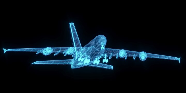 3D rendering illustration aeroplane blueprint glowing neon hologram futuristic show technology security for premium product business finance  transportation