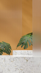 Portrait layout of glass wall and monstera plant, 3D rendering empty scene of white marble