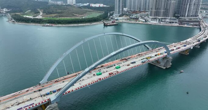 Top view of bridge under construction in Hong Kong city