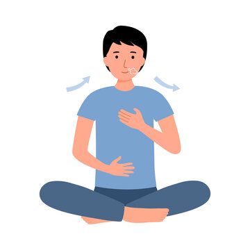 Man Practicing Breathing Exercise In Flat Design On White Background.