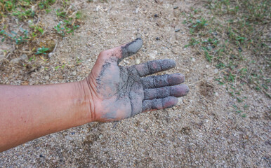 Farmers hand soiled from planting trees in agriculture.