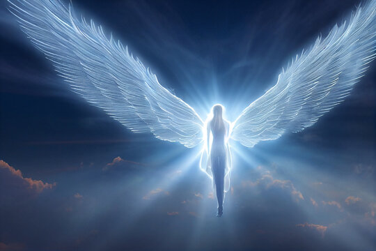Angel spirit with long wings in heaven. Generative AI