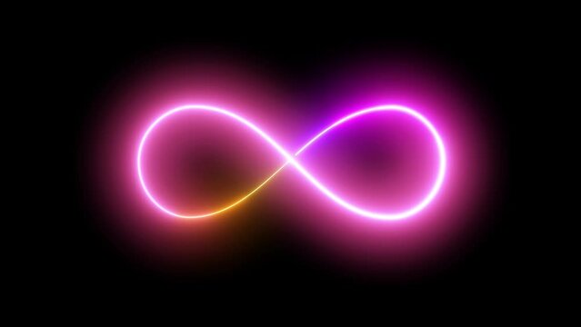 Glowing Infinity Light Sign Loop Animation on dark Background. colorful Neon Forever or Bright Limitless Symbol. Futuristic Technology, Virtual Reality and Global Connection Concept 

