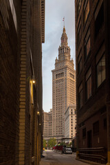 View of historic skyscraper from an alleyway in Cleveland, Ohio