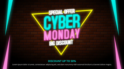 Cyber Monday sale background with neon text on a brick wall
