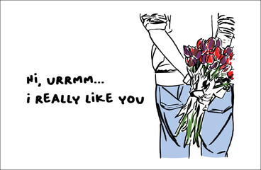 A man holding a bouquet of flower behind his back and mention with word I really like you. Inspiration love valentine message. This graphic be use for card, love inspiration etc.  