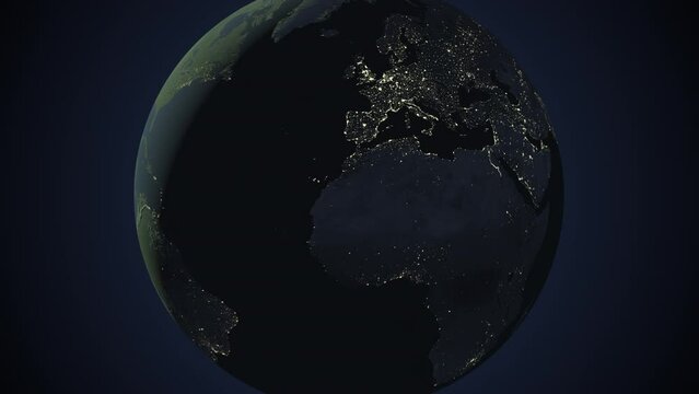 Seamless looping animation of the earth at night zooming in to the 3d map of Tunisia with the capital and the biggest cites in 4K resolution