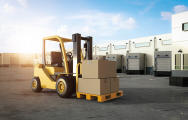 Forklift truck with cardboard boxes at warehouse