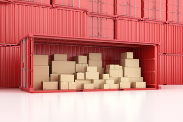 Logistic business with heap of carton boxes or cardboard boxes in red container